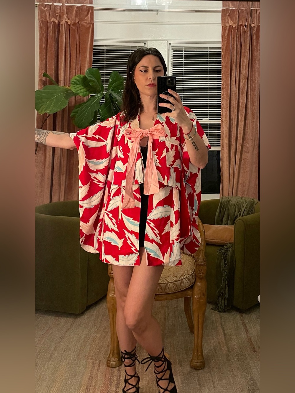 Vintage silk Japanese kimono short mini babydoll furisode red leaves